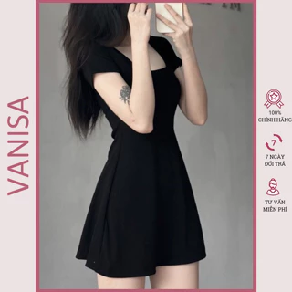 Váy gân đũa dáng xòe ngắn tay cổ vuông kiểu ôm body basic xám đen VANISA V1