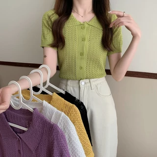 Áo polo dệt kim tay ngắn nữ croptop len mongtoghi kiểu cổ bẻ vải mắt lưới thoáng mát hàng đẹp qccc