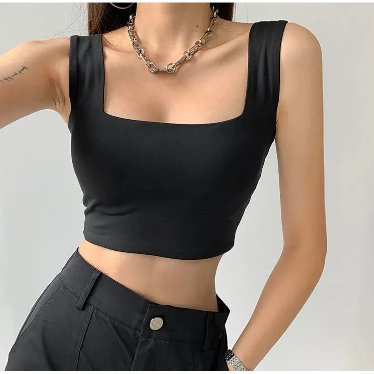 Áo 2 dây bản to có mút ngực cổ vuông Áo croptop hai dây có bigsize ôm body may 2 lớp vải borip dày dặn