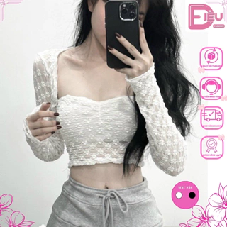 Áo kiểu nữ ren lưới hoa dài tay xuyên thấu dáng croptop Điệu Fashion, Áo kiểu nữ tay loe sexy cá tính ôm body - A73