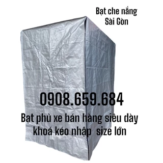 Bạt phủ xe bán hàng màu xám trắng, có khoá kéo cạnh (khóa kéo nhập, size lớn), không thấm nước