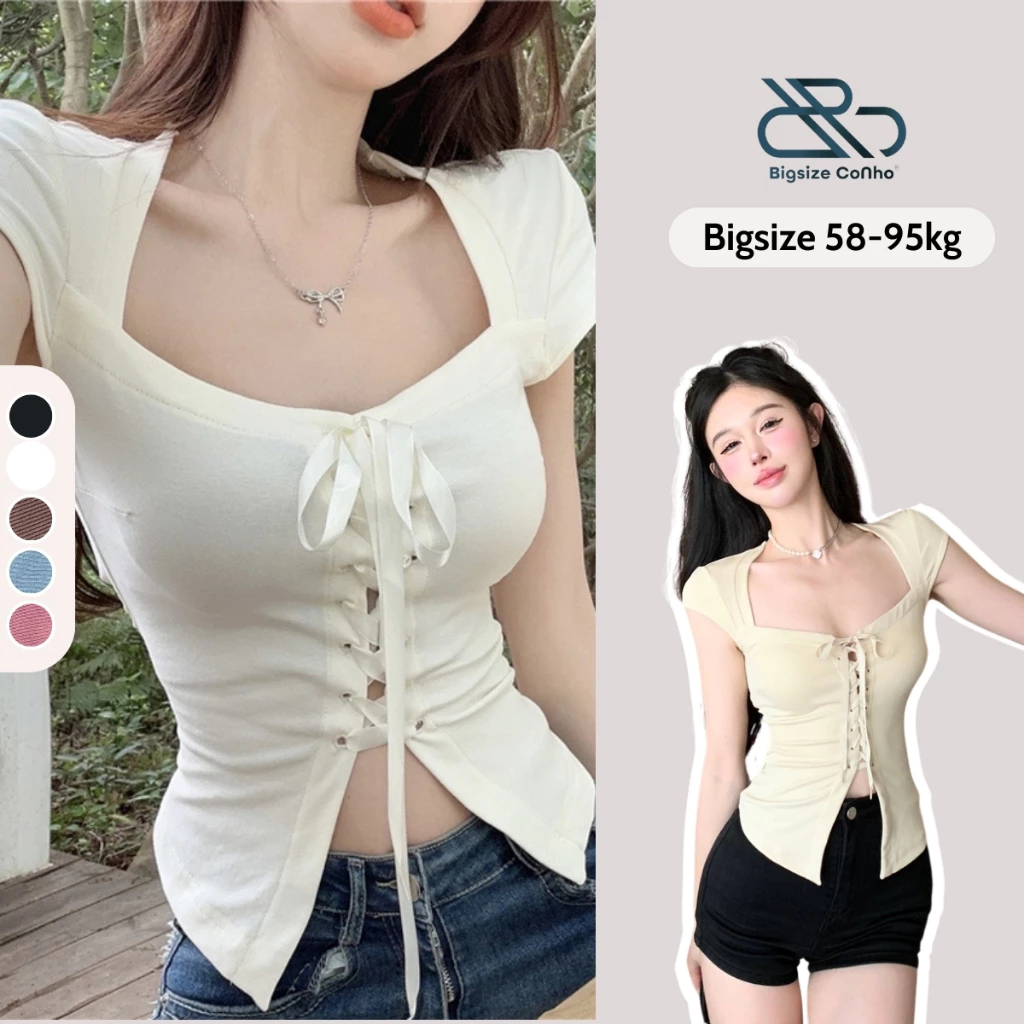 Áo Thun Bigsize Nữ Rút Dây Trước Ôm Trọn Vòng 1,Áo Thun Bigsize Cô Nhỏ Vải Gân Tăm Co Giãn G96