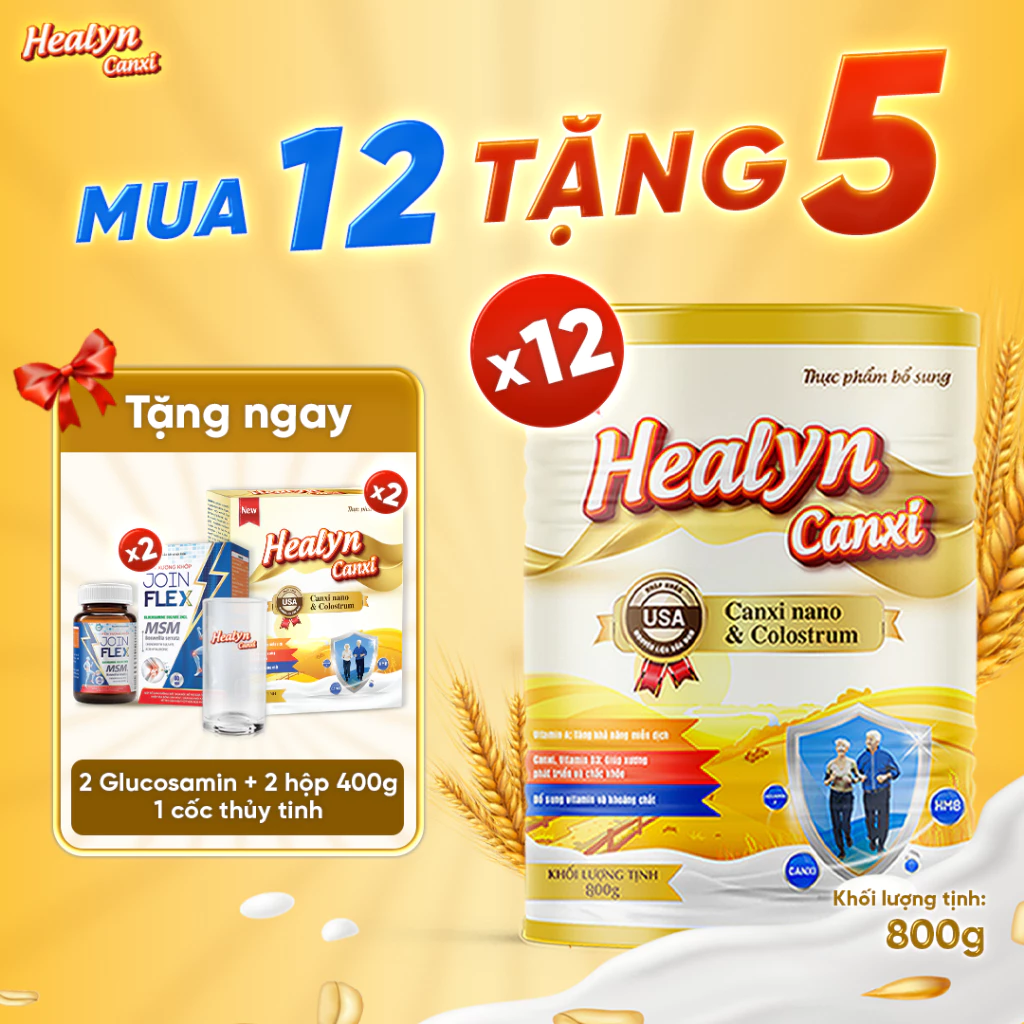 THÙNG 12 Lon Sữa Nano Canxi  HEALYN CANXI (800g) Làm Hệ Xương Khớp Chắc Khoẻ, Ngăn Ngừa Loãng Xương, Bổ Sung Dưỡng Chất