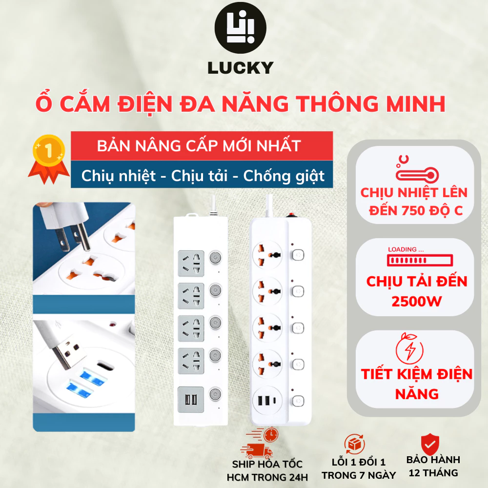 Ổ cắm điện đa năng DELADEP chịu tải 2500W, 2 cổng sạc USB 5V - An toàn chống cháy chống giật dây dài 1m8 và 2m5