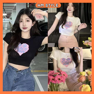 Áo croptop nữ tay ngắn cổ tròn in tim PEACELOVE, Áo thun croptop nữ ôm body vải tăm gân co dãn HA297