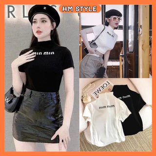 Áo croptop nữ cổ lọ tay ngắn in MINMIN, Áo thun nữ dáng ôm chất thun tăm co dãn 4 chiều HA595