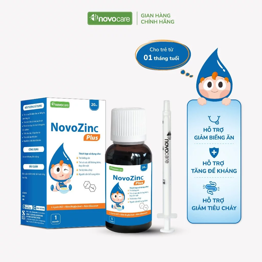 Kẽm cho bé Novocare NovoZinc Plus - Giảm biếng ăn, tăng đề kháng, thơm ngon dễ uống - Lọ 20ml