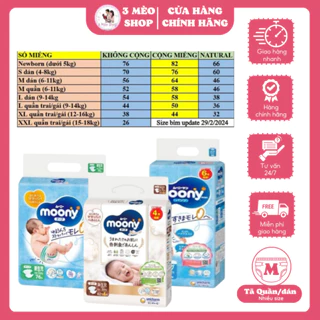 Bỉm dán/bỉm quần Moony Cộng miếng/ Natural/ Tiêu chuẩn/ Hè đủ size NB96/S84/M58/ L54/L44/XL44