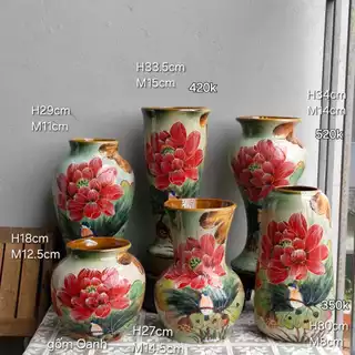 bình hoa sen đỏ vẽ tay thủ công tỉ mỉ trang trí decor nhà cửa cắm hoa siêu đẹp gốm Bát Tràng cao cấp