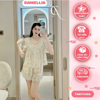 Đồ Bộ Ngủ Nữ Pijama Họa Tiết Thiết Kế Tay Ngắn Chất Thô Đũi Hàn Phong Cách Tiểu Thư CAMELLIA TN077HOA