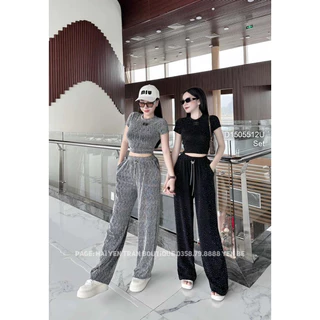 Set bộ đồ nữ nhũ xước áo croptop tay con phối quần suông dài! TMT House