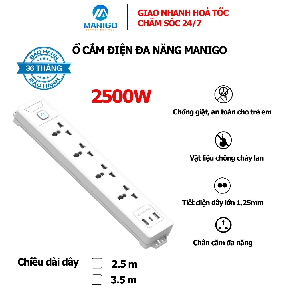 Ổ cắm điện đa năng MANIGO cổng Type C USB chịu tải lớn 2500w cầu chì tự ngắt khi quá tải chính hãng bảo hành 36 tháng