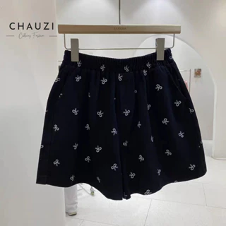 Quần Short Kaki Nữ Chauzi Quần Đùi Ống Rộng In Nơ Cạp Chun Chất Kaki Phối Dây Rút Dễ Phối Đồ QS02