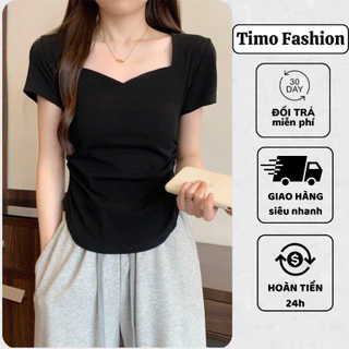 Áo thun nữ TIMO, Áo tay ngắn nữ cổ tim cách điệu, dáng ôm chất vải thun tăm co giãn, basic dễ mặc, style Hàn Quốc AOT131