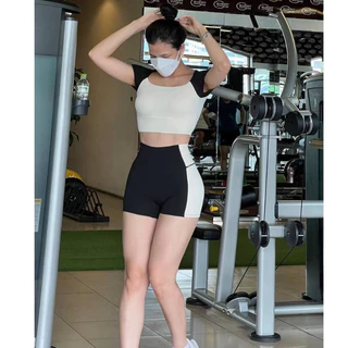 [Cao Cấp] Bộ quần áo tâp gym yoga erobic nữ, áo croptop cộc tay kết hợp quần đùi 2 lớp, chất vải mềm mịn