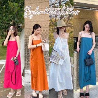 Có túi | Đầm dây suông midi dáng dài basic xẻ sau chun lưng maxi trơn cotton đũi váy dài 2 dây