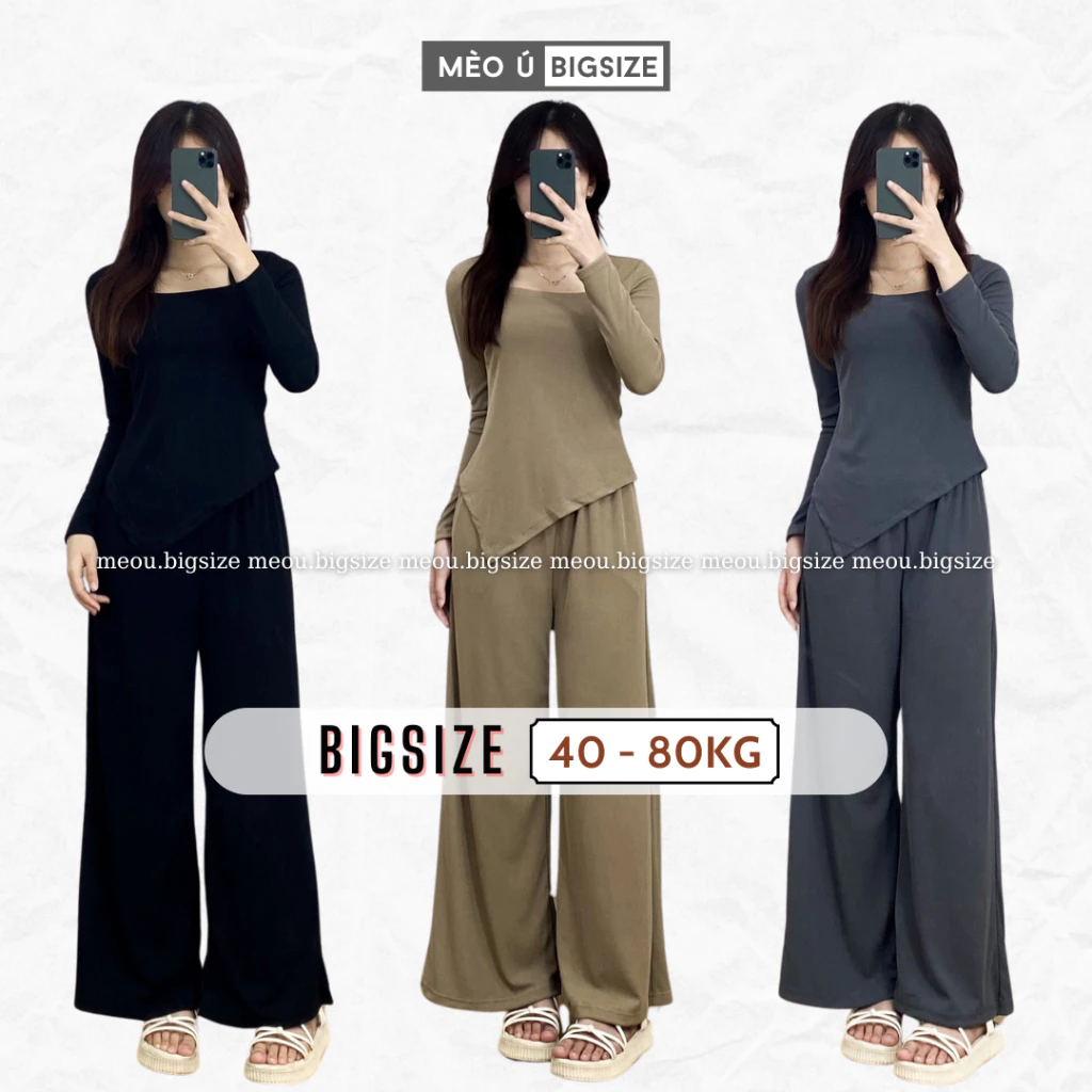 Set nữ BIGSIZE bộ áo thun tăm cổ vuông dài tay kèm quần culottes 191