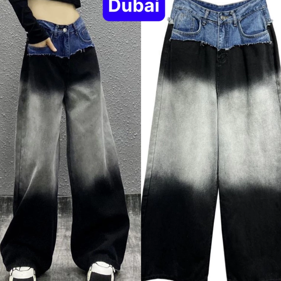 QUẦN JEAN NỮ BAGGY XÁM ĐẬM ỐNG RỘNG PHỐI LƯNG 2 MÀU LƯNG CAO NÂNG MÔNG PHONG CÁCH CAO CẤP -DB 5579- DUBAI FASHION