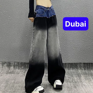 QUẦN JEAN NỮ BAGGY XÁM ĐẬM ỐNG RỘNG PHỐI LƯNG 2 MÀU LƯNG CAO NÂNG MÔNG PHONG CÁCH SANG CHẢNH -DB 5579- DUBAI FASHION