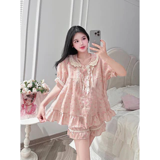 Bộ Pijama cộc tay hoa nhí hồng đỗ bèo cổ nơ tiểu thư dễ thương cotton- L005 Cotton cho Nữ