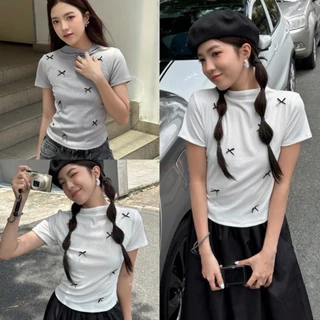 Áo thun babytee đính nơ đen dễ thương cao cổ chất tăm lạnh co dãn ôm body, Áo phông ngắn tay trắng xám hàn quốc