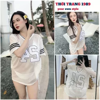 Áo phông tay lỡ dáng rộng số 24 kiểu lưới cá tính, Áo lưới trắng cổ tim trẻ trung phong cách - 1989