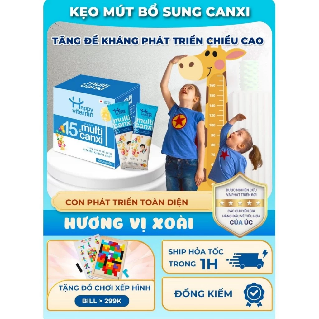 Kẹo mút Canxi và 15 Vitamin Tổng Hợp cho bé. Giúp Xương Răng Chắc Khỏe, Tăng Đề Kháng,Miễn Dịch,Chính hãng Happy Vitamin