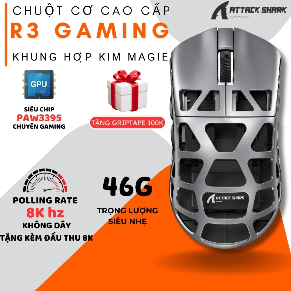 Chuột Cao Cấp  Attack Shark R3 Polling Rate 8K Không Dây Siêu Chip 26000 DPI App Macro Chuyên Nghiệp
