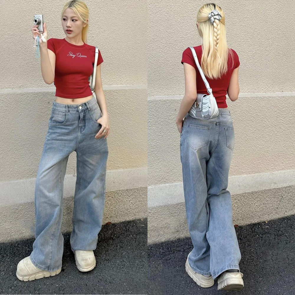 Quần jean nữ MIAA ống rộng suông wash màu retro lưng cao siêu cá tính
