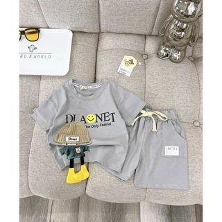 Bộ hè thêu hình gấu 3D chữ DLANET chất vải cotton mềm mại thoáng mát cho bé đi học đi chơi size 9-18kg, quần áo trẻ em