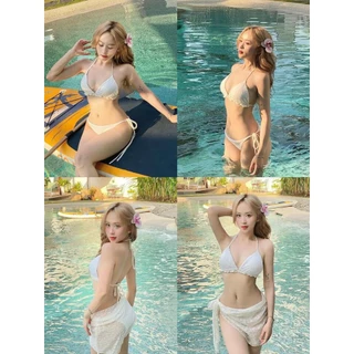 Đồ bơi, bikini đi biển nữ 3 món  ren hoa trắng áo tam giác quần chip kèm khăn sexy
