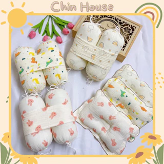 Bộ chặn xô muslin kèm gối lõm cho bé sơ sinh, bộ chặn bông kèm gối vải xô muslin cao cấp mềm mại thấm hút tốt