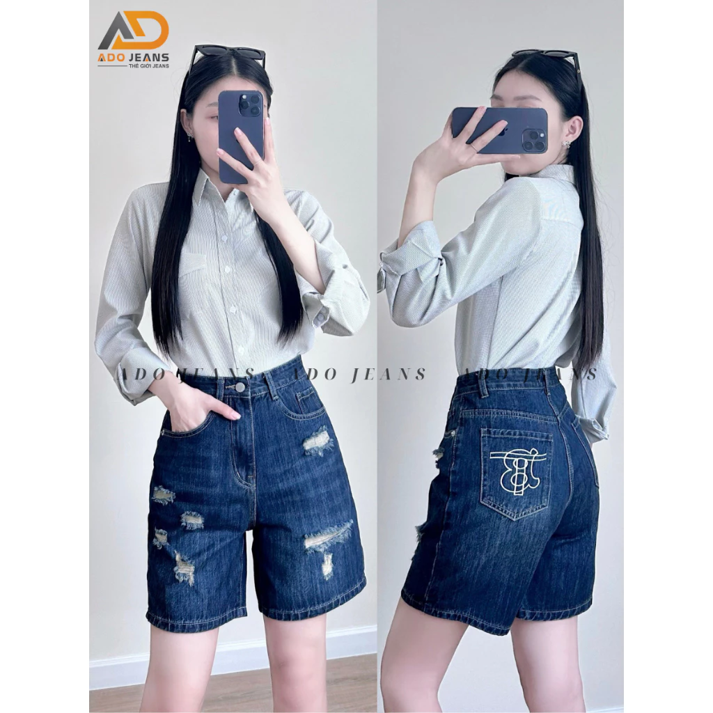 Quần short Jeans  nữ cạp cao dáng suông basic phối tui thêu chuẩn form tôn dáng -chất Jeans bò cao cấp có bigsize