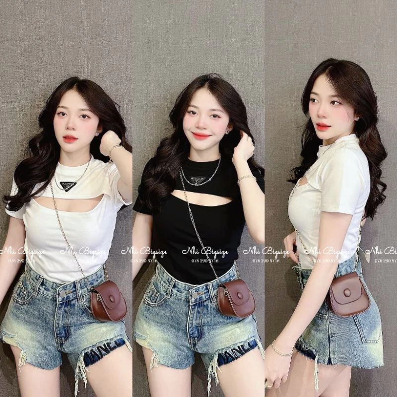 Bigsize 60-90kg Áo thun zip form lửng ôm body khoét ngực tag prada Nhi Bigsize Áo thun nữ tay ngắn hở ngực