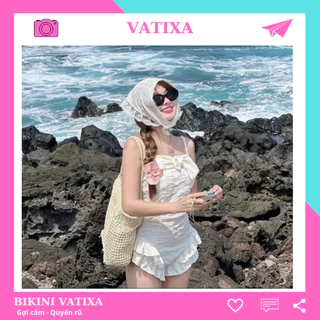 [HÀNG SẴN HCM] Sét đồ bơi nữ bikini đi biển liền thân 2 dây phối bèo quần xinh xắn VATIXA BKN147
