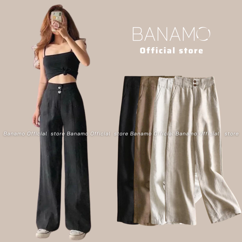 Quần nữ Banamo Fashion quần ống rộng vải đũi cạp cao 2 cúc suông dài có chun sau co dãn 922