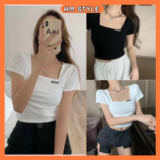 Áo croptop nữ cổ vuông LOGO tay ngắn, áo thun croptop nữ ôm body chất thun bozip phong cách trẻ trung HA661