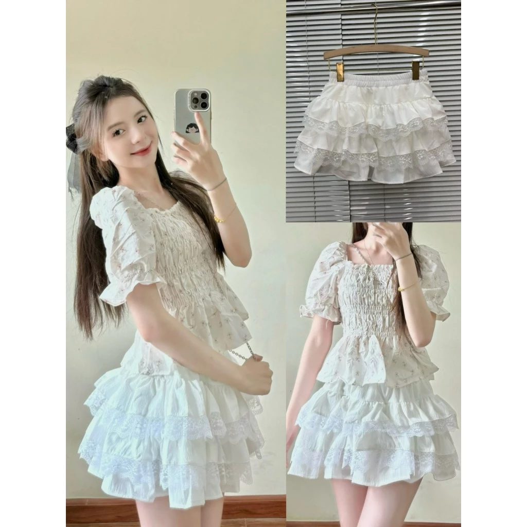 Chân váy coquette skirt  bèo tầng trắng phối ren dáng ngắn - Natide_GT27