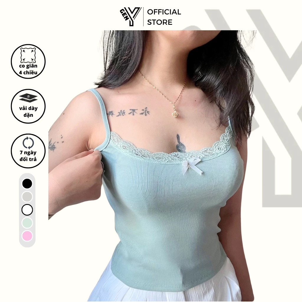 Áo 2 dây ren đính nơ dáng croptop GenY áo kiểu nữ đi biển nhiều màu chất vải mềm mát 2D4