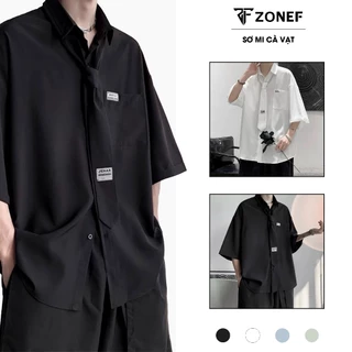 Áo Sơ Mi Nam Ngắn Tay Phối Cà Vạt Oversize , Áo Sơ Mi Nam Caravat Form Rộng, Basic, Phong Cách Hàn Quốc-By ZONEF [SMC]