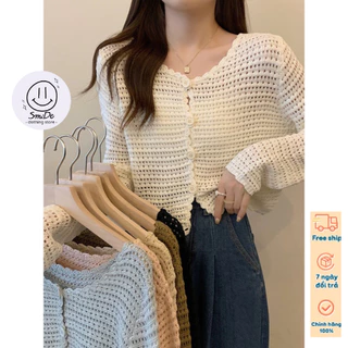 Áo Khoác Lưới, Áo Cardigan Dệt Kim Dáng Ngắn Cổ Tròn Cài Nút Tay Dài Chất Mát Thoáng Khí Thời Trang Nữ / Smide Clothing