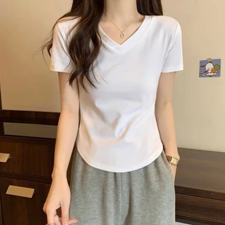 Áo thun cộc tay nữ croptop cổ V, màu trơn đơn giản, Thời Trang unisex