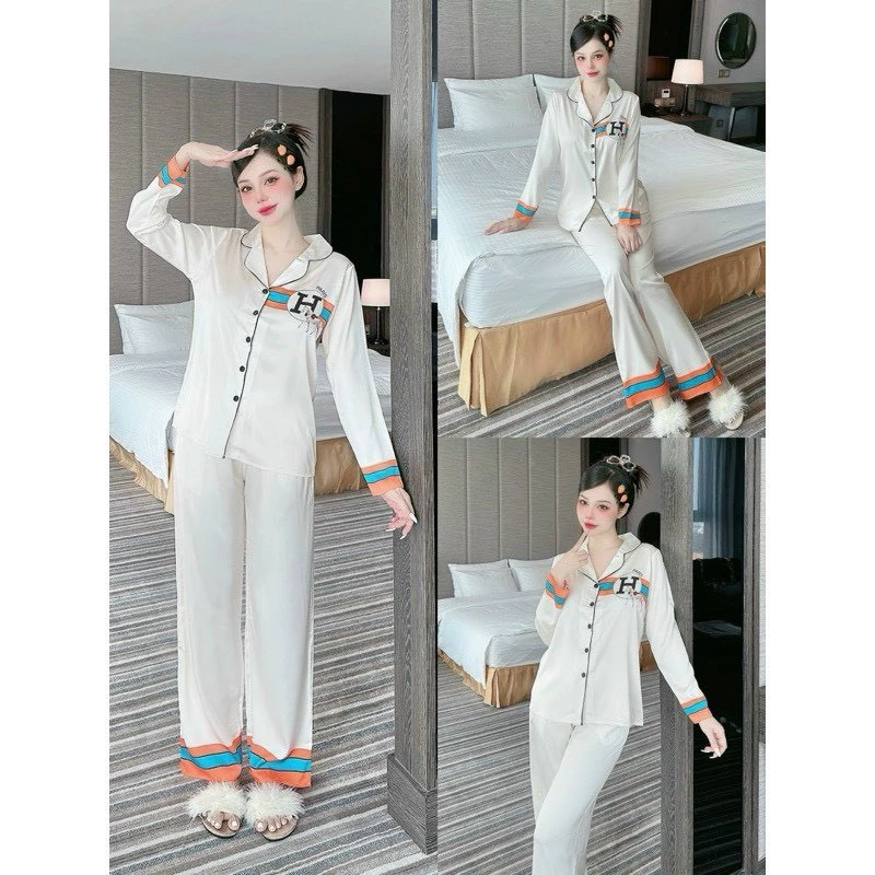 Bộ lụa satin pyjama tay dài quần dài, cổ sơ mi thiết kế lụa cao cấp mịn mát, size 40-60kg