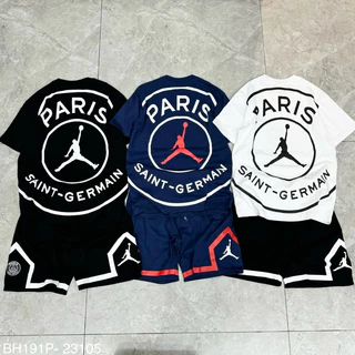 Bộ đồ nam cộc tay mặc hè Paris cotton in logo PSG Jumpman to tràn lưng phối thêu sọc viền quần BH191P