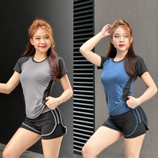 Bộ đồ tập gym yoga aerobic chạy bộ nữ, Bộ tập quần đùi áo dài kín bụng chất vải thun poly co giãn(Ng20)