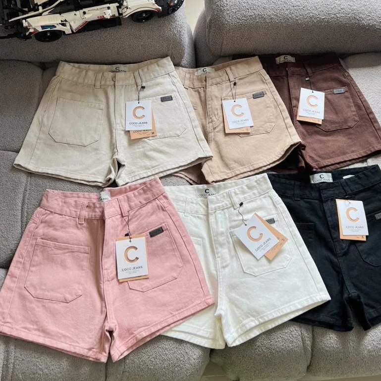 Quần Short - Quần Jeans Nữ Túi Vuông Lưng Cao Hai Túi Trước Chất Vãi Dày Dặn