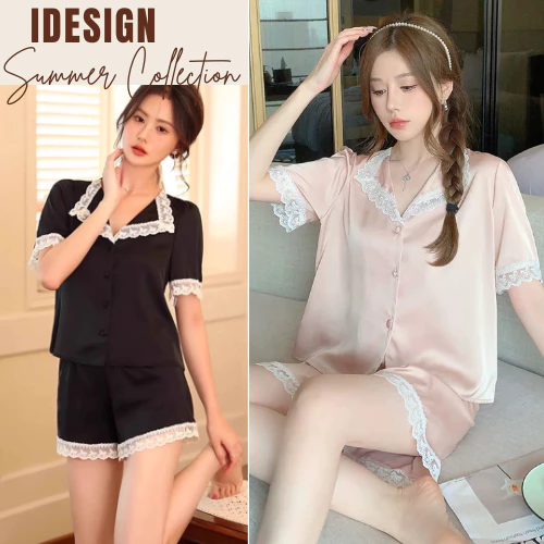 Đồ bộ mặc nhà chất lụa cao cấp, bộ ngủ cộc tay thiết kế phối ren, nhẹ nhàng thanh lịch