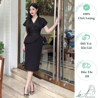 Đầm Cổ V Tay Hến Thiết Kế Hoa Eo. Váy Bút Chì Công Sở Dự Tiệc Ôm Body Dài Vải Mango Size 40-65Kg