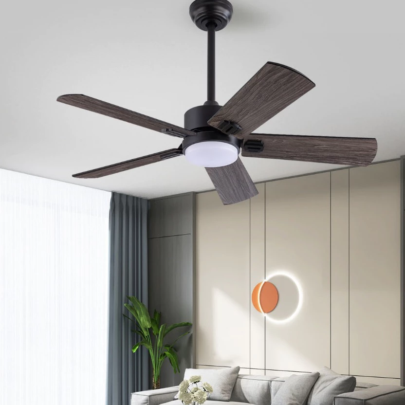Quạt đèn Trần phong cách Bắc Âu QTCC8768 Động cơ DC dành cho phòng khách, phòng ngủ☘ 5 cánh gỗ Đen 52inch, Đèn LED☘