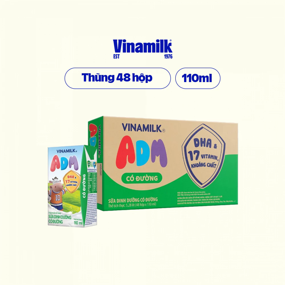 Sữa dinh dưỡng Vinamilk ADM Có Đường - Thùng 48 hộp 110ml HSD 20/11/2024